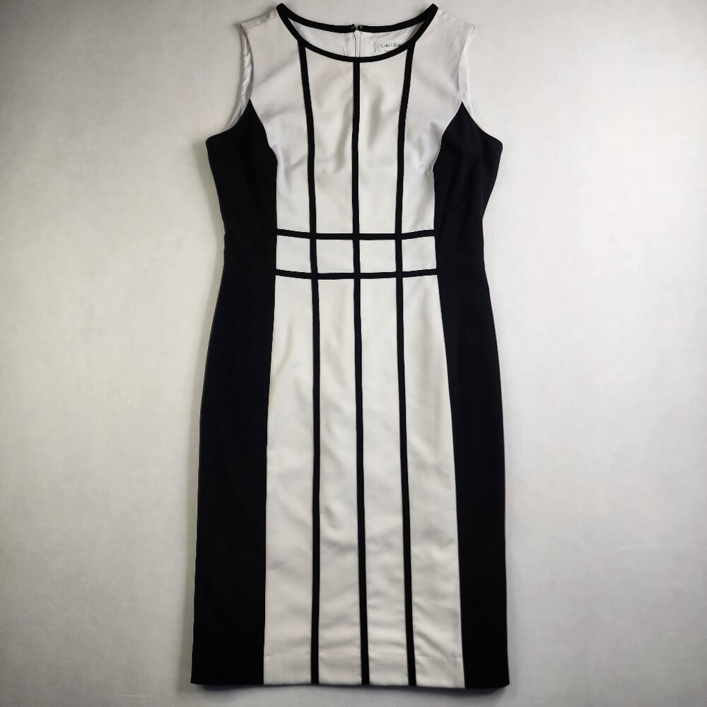 Calvin Klein Womens 6 Black White Trim Zip Back Sleeveless Sheath Dress Career